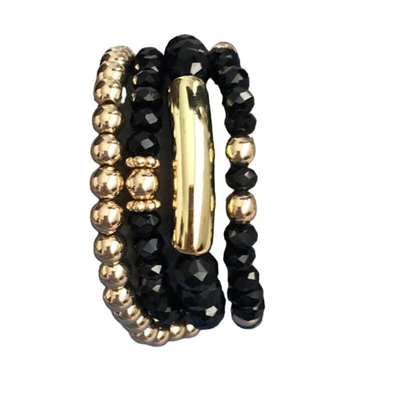 Francesca's Glass Beaded Tassel Bracelet Set Black Gold - Picture 2 of 6